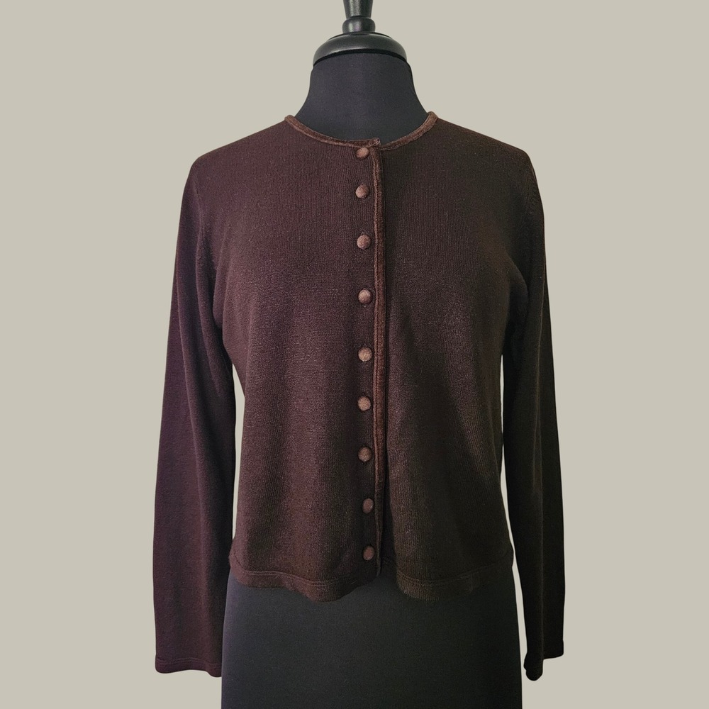 Vintage Cardigan Women Brown Velvet Trim Button Front Sweater 90s Classic Size M